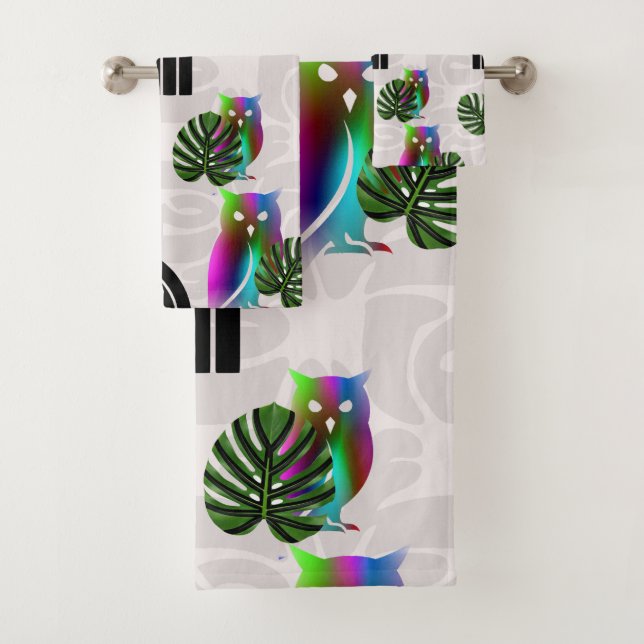 Whimsical Boho Owl & Tropical Monstera Leaf Bath Towel Set (Insitu)