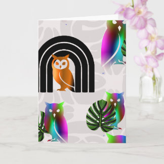 Whimsical Boho Owl & Tropical Monstera Leaf Card