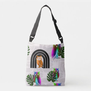 Whimsical Boho Owl & Tropical Monstera Leaf Crossbody Bag
