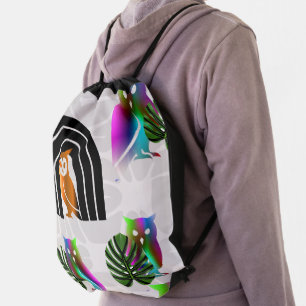 Whimsical Boho Owl & Tropical Monstera Leaf Drawstring Bag