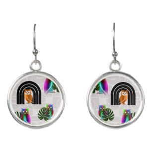 Whimsical Boho Owl & Tropical Monstera Leaf Earrings