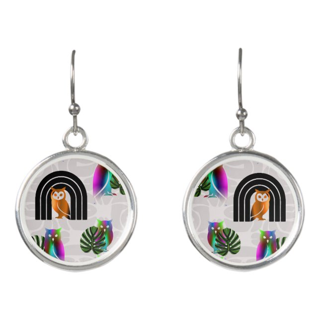 Whimsical Boho Owl & Tropical Monstera Leaf Earrings (Front)