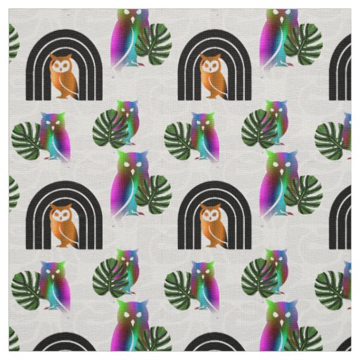 Whimsical Boho Owl & Tropical Monstera Leaf Fabric
