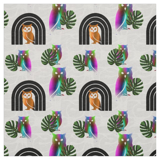 Whimsical Boho Owl & Tropical Monstera Leaf Fabric (Swatch)