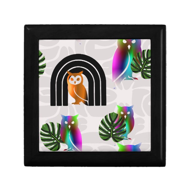 Whimsical Boho Owl & Tropical Monstera Leaf Gift Box (Front)