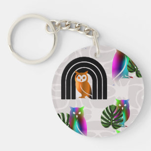 Whimsical Boho Owl & Tropical Monstera Leaf Keychain