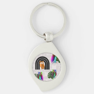 Whimsical Boho Owl & Tropical Monstera Leaf Keychain