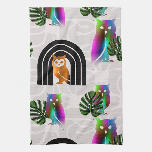 Whimsical Boho Owl & Tropical Monstera Leaf Kitchen Towel (Vertical)