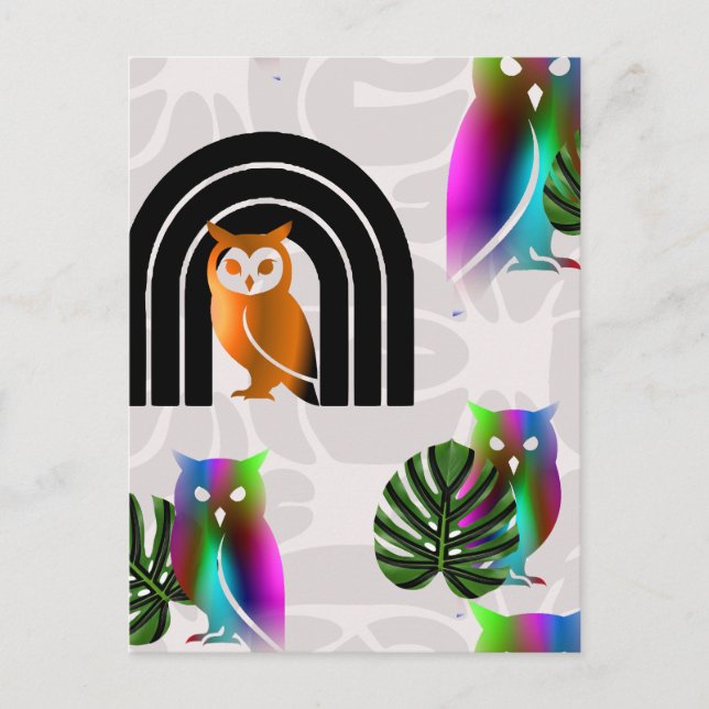 Whimsical Boho Owl & Tropical Monstera Leaf Postcard (Front)