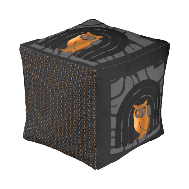 Whimsical Boho Owl & Tropical Monstera Leaf Pouf (Angled Front)