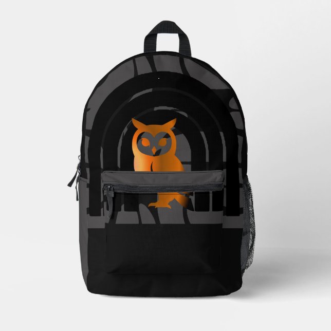 Whimsical Boho Owl & Tropical Monstera Leaf Printed Backpack (Front)