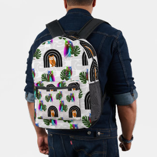 Whimsical Boho Owl & Tropical Monstera Leaf Printed Backpack