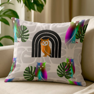 Whimsical Boho Owl & Tropical Monstera Leaf Throw Pillow