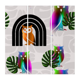Whimsical Boho Owl & Tropical Monstera Leaf Triptych