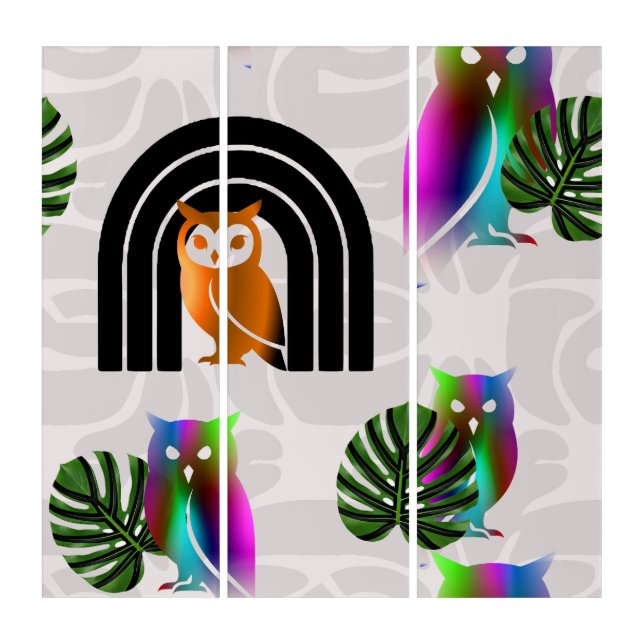 Whimsical Boho Owl & Tropical Monstera Leaf Triptych (Front)