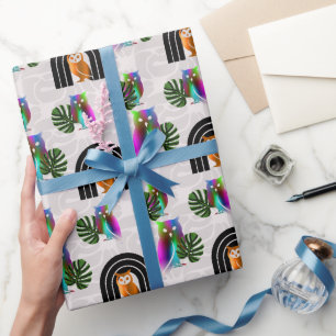 Whimsical Boho Owl & Tropical Monstera Leaf Wrapping Paper