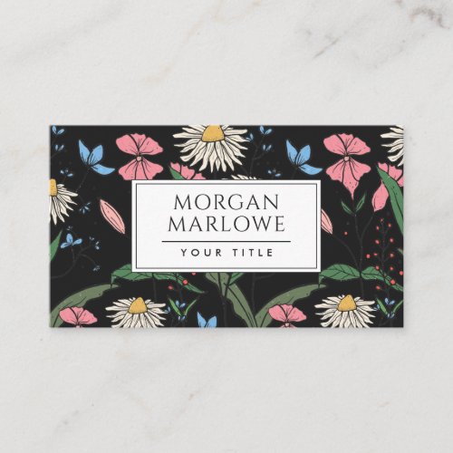 Whimsical Boho Painted Wildflowers Floral Black Business Card