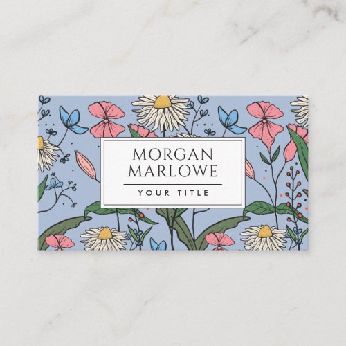 Whimsical Boho Painted Wildflowers Floral Blue Business Card