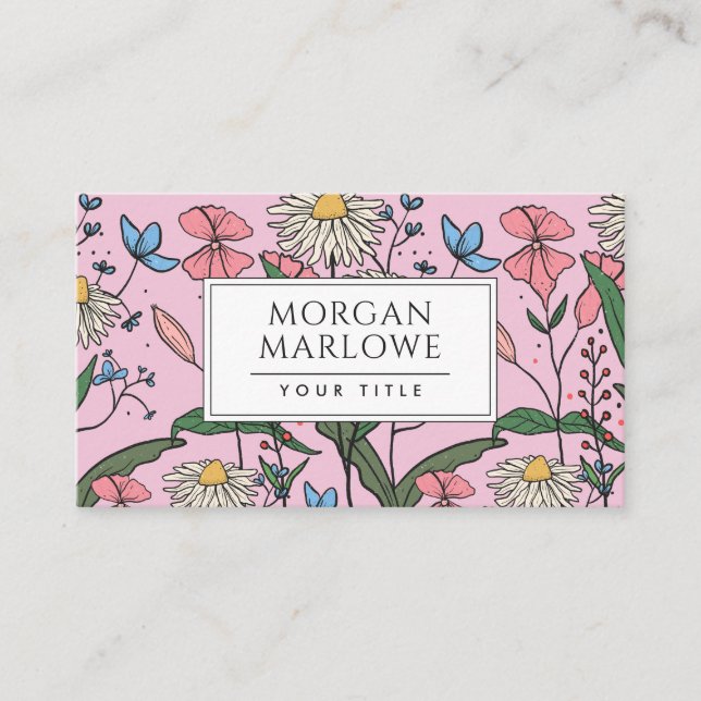 Whimsical Boho Painted Wildflowers Floral Pink Business Card (Front)