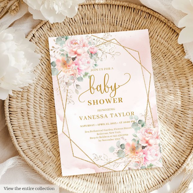 Whimsical boho pale pink gold peonies baby shower  invitation (Whimsical boho pale pink gold peonies baby shower Invitation)