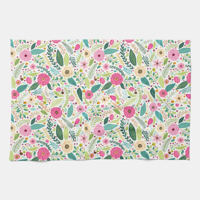 Whimsical boho Pink rose garden  Kitchen Towel (Horizontal)