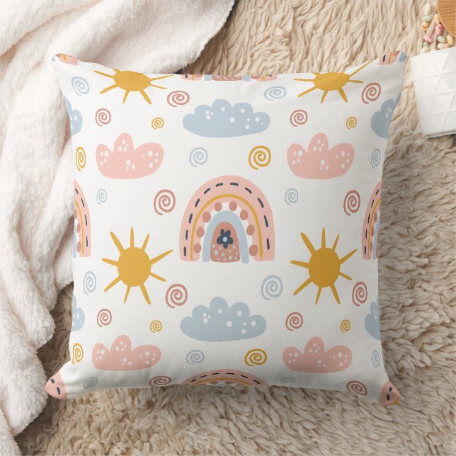 Whimsical Boho Rainbow & Floral Seamless Pattern Throw Pillow (Blanket)