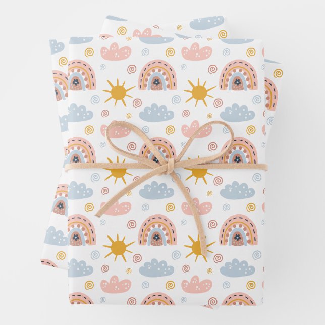 Whimsical Boho Rainbow & Floral Seamless Pattern Wrapping Paper Sheets (In situ)