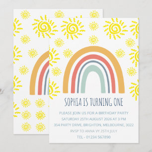 Whimsical Boho Rainbow Sun 1st Birthday Invitation