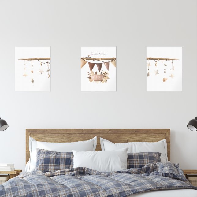 Whimsical Boho Stars & Hearts Hanging Branch Wall Art Sets (Bedroom)