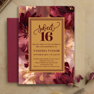 Whimsical Boho Sweet Sixteen Burgundy Blush Floral Invitation