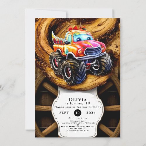 Whimsical Boho Track Monster Truck Birthday Invitation