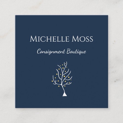 Whimsical Boho Tree of Life Drawing Navy Blue  Square Business Card