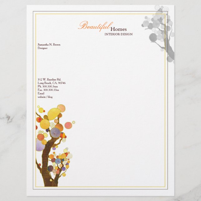 Whimsical Boho Trees Interior Design Business Letterhead (Front)