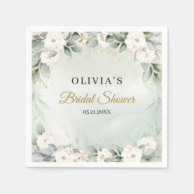 Whimsical boho white roses and gold bridal shower napkins (Front)