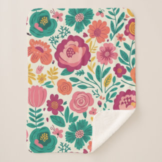 Whimsical Bold Blooms Retro Floral Pattern Sherpa Blanket