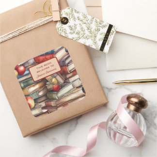 Whimsical Book and Apple Lovers Book Name Plate Square Sticker