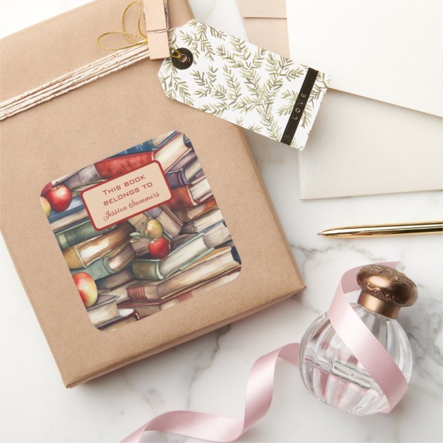 Whimsical Book and Apple Lovers Book Name Plate Square Sticker (Gifting)
