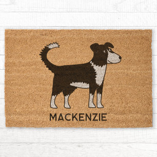 Whimsical Border Collie Sheepdog Personalized Name Fiber Doormat