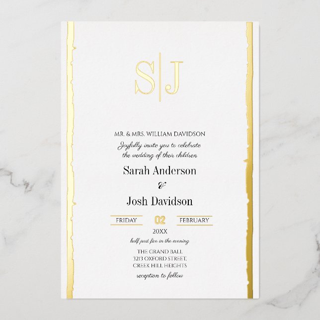 Whimsical Border Simple White Monogram Wedding Foil Invitation (Front)