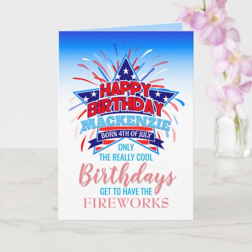 Whimsical Born on the 4th of July Happy Birthday Card