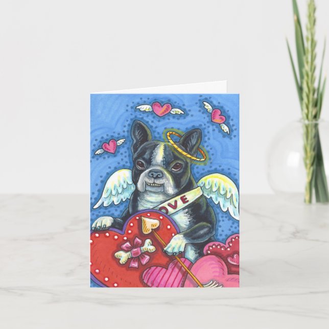 WHIMSICAL BOSTON TERRIER CUPID, CUTE DOG VALENTINE HOLIDAY CARD (Front)