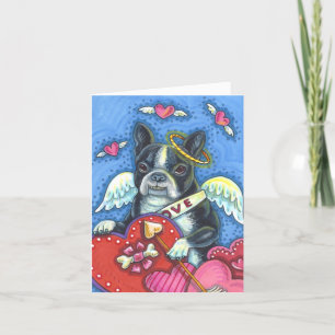 WHIMSICAL BOSTON TERRIER CUPID, CUTE DOG VALENTINE HOLIDAY CARD