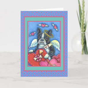 WHIMSICAL BOSTON TERRIER CUPID, CUTE DOG VALENTINE HOLIDAY CARD