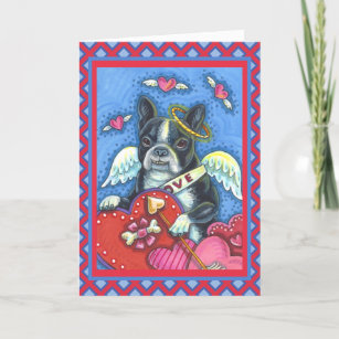 WHIMSICAL BOSTON TERRIER CUPID, CUTE DOG VALENTINE HOLIDAY CARD