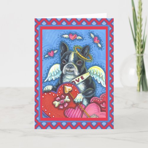 WHIMSICAL BOSTON TERRIER CUPID CUTE DOG VALENTINE HOLIDAY CARD