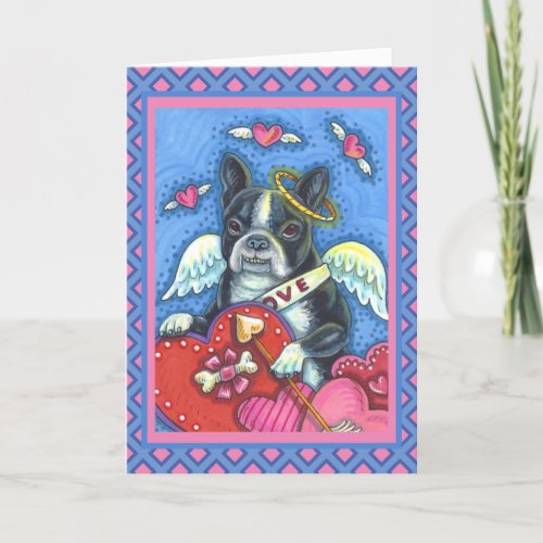 WHIMSICAL BOSTON TERRIER CUPID CUTE DOG VALENTINE HOLIDAY CARD