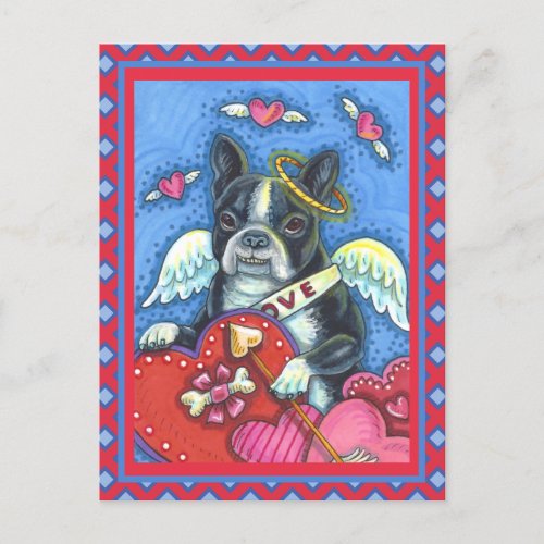 WHIMSICAL BOSTON TERRIER CUPID CUTE DOG VALENTINE HOLIDAY POSTCARD