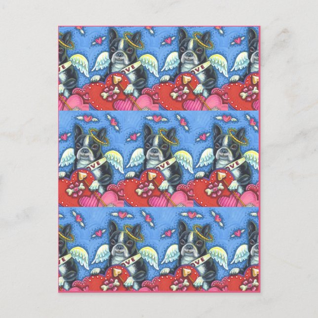 WHIMSICAL BOSTON TERRIER CUPID, CUTE DOG VALENTINE HOLIDAY POSTCARD (Front)
