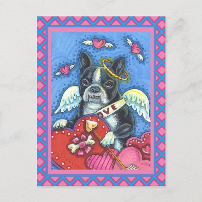 WHIMSICAL BOSTON TERRIER CUPID, CUTE DOG VALENTINE HOLIDAY POSTCARD (Front)