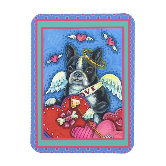 WHIMSICAL BOSTON TERRIER CUPID, CUTE DOG VALENTINE MAGNET (Vertical)